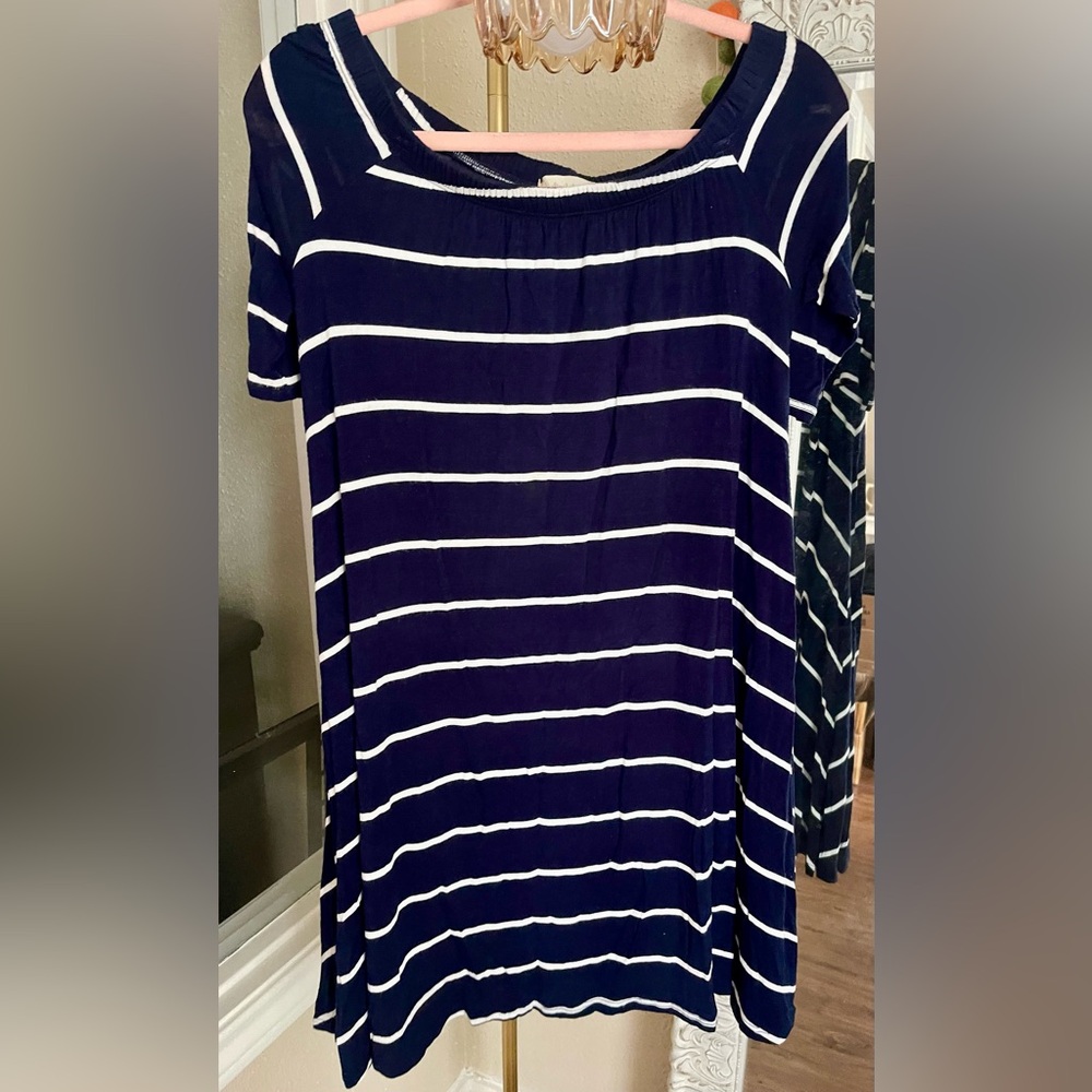 Altar’d State Navy and White Striped Off the Shoulder Dress
